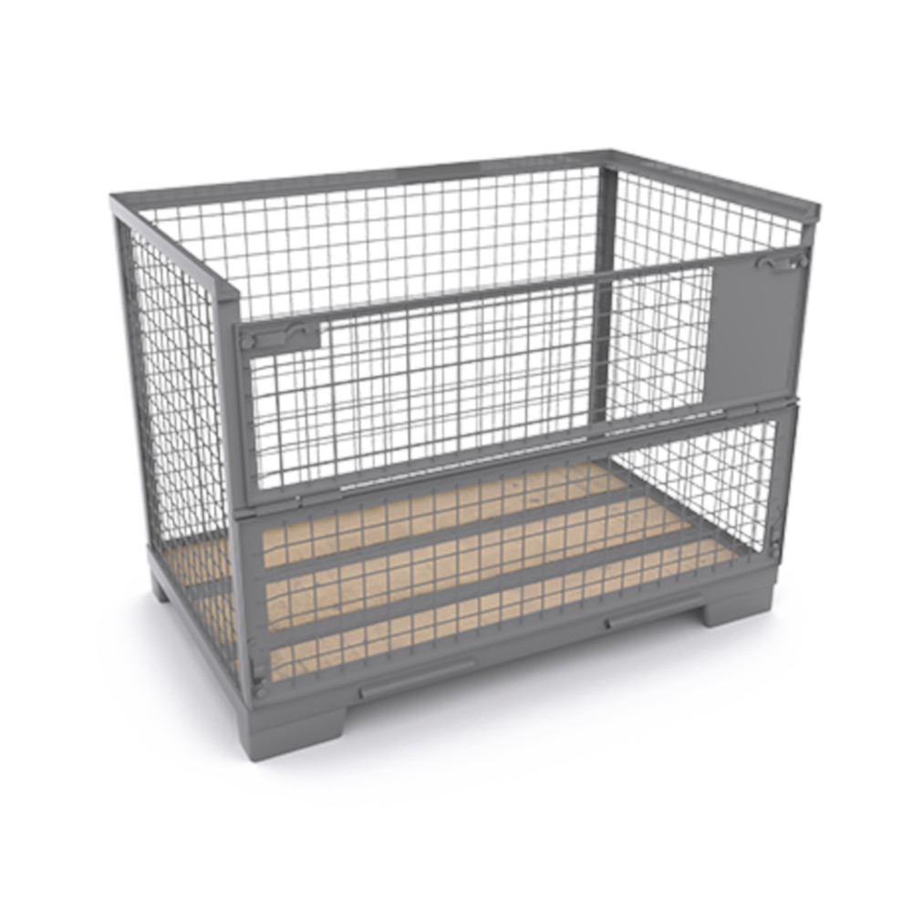 Grey Euro mesh box pallet with a wooden base, shown at an angle