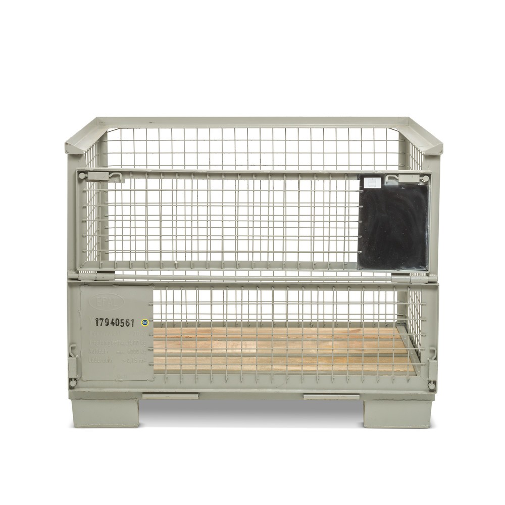 Grey Euro mesh box pallet with closed flaps, front view