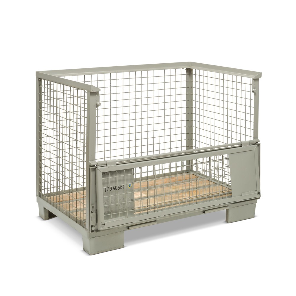 Grey Euro mesh box pallet with the upper flap open